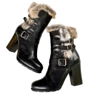 FRYE Penny Lux Rabbit Fur Lined High Heel Winter Moto Boots