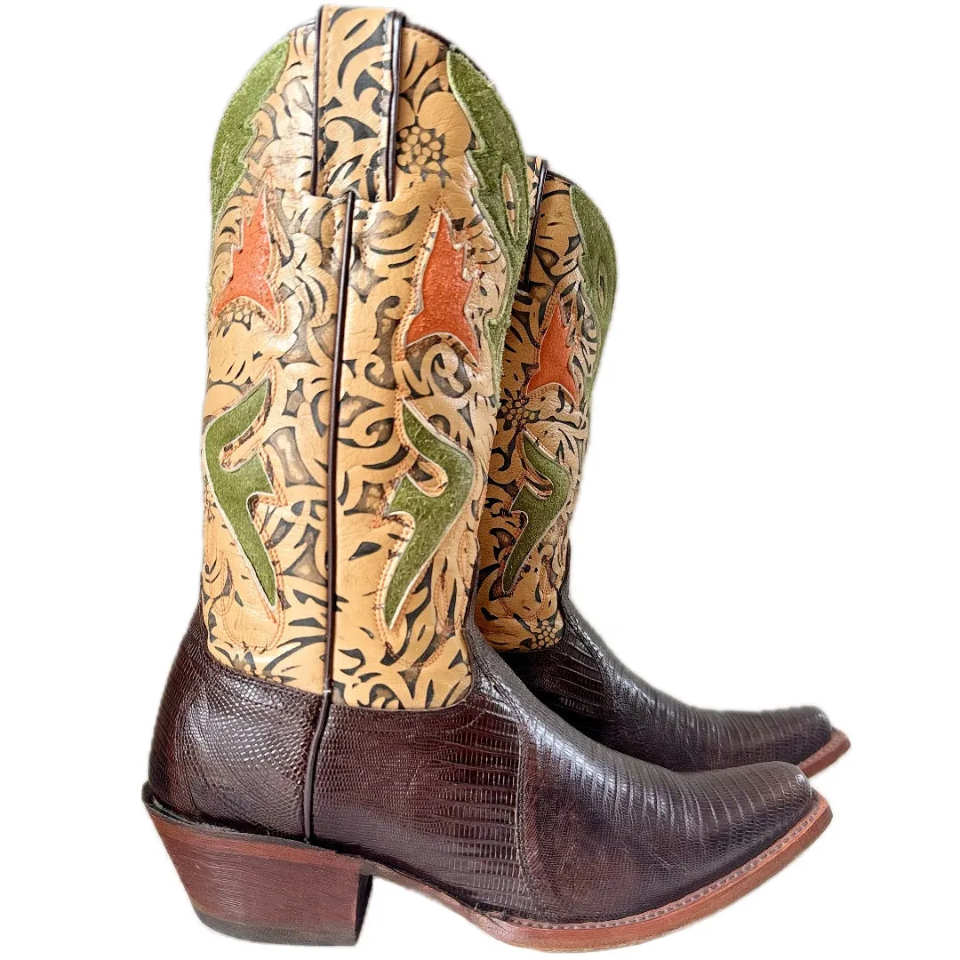 FRYE Vintage Lily Lizard Floral Cowgirl Cowboy Western Boots