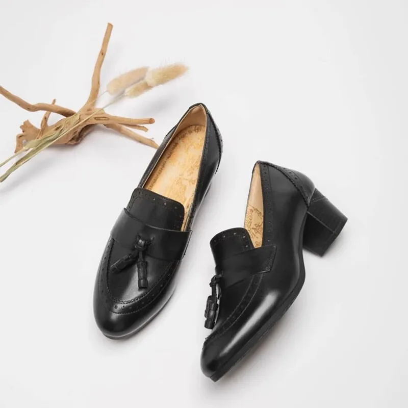 Full Grain Leather Almond Toe Tassel Brogue Loafers For Women In Black/Coffee