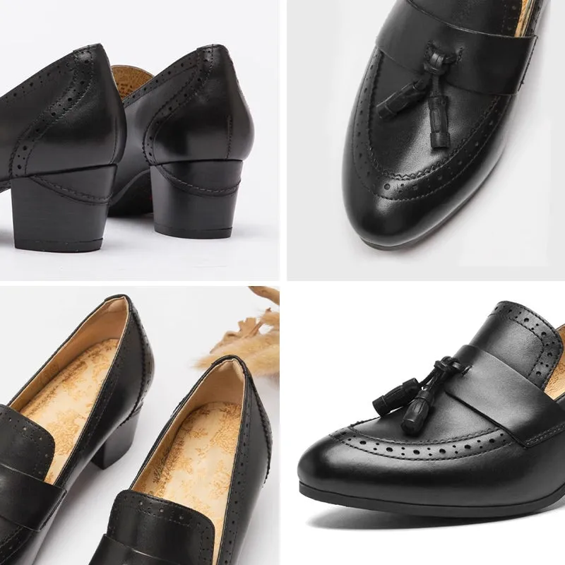 Full Grain Leather Almond Toe Tassel Brogue Loafers For Women In Black/Coffee