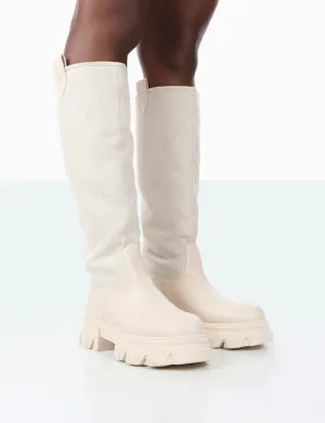 Genius Ecru PU Knee High Linen Platform Chunky Sole Boots