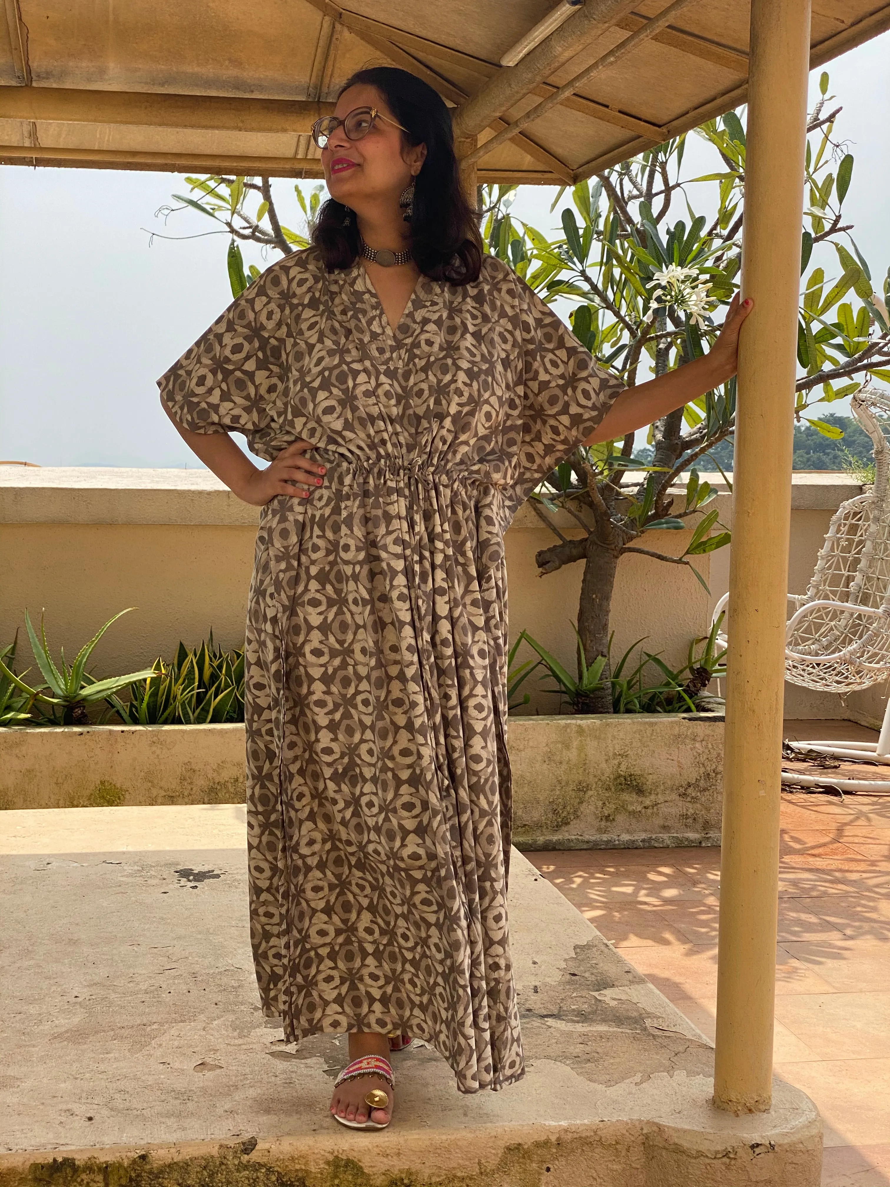 Gray Geometrical Motif Hand-Blocked Caftan with V-Neck, Cinched Waist and Available in both Knee and Ankle Length