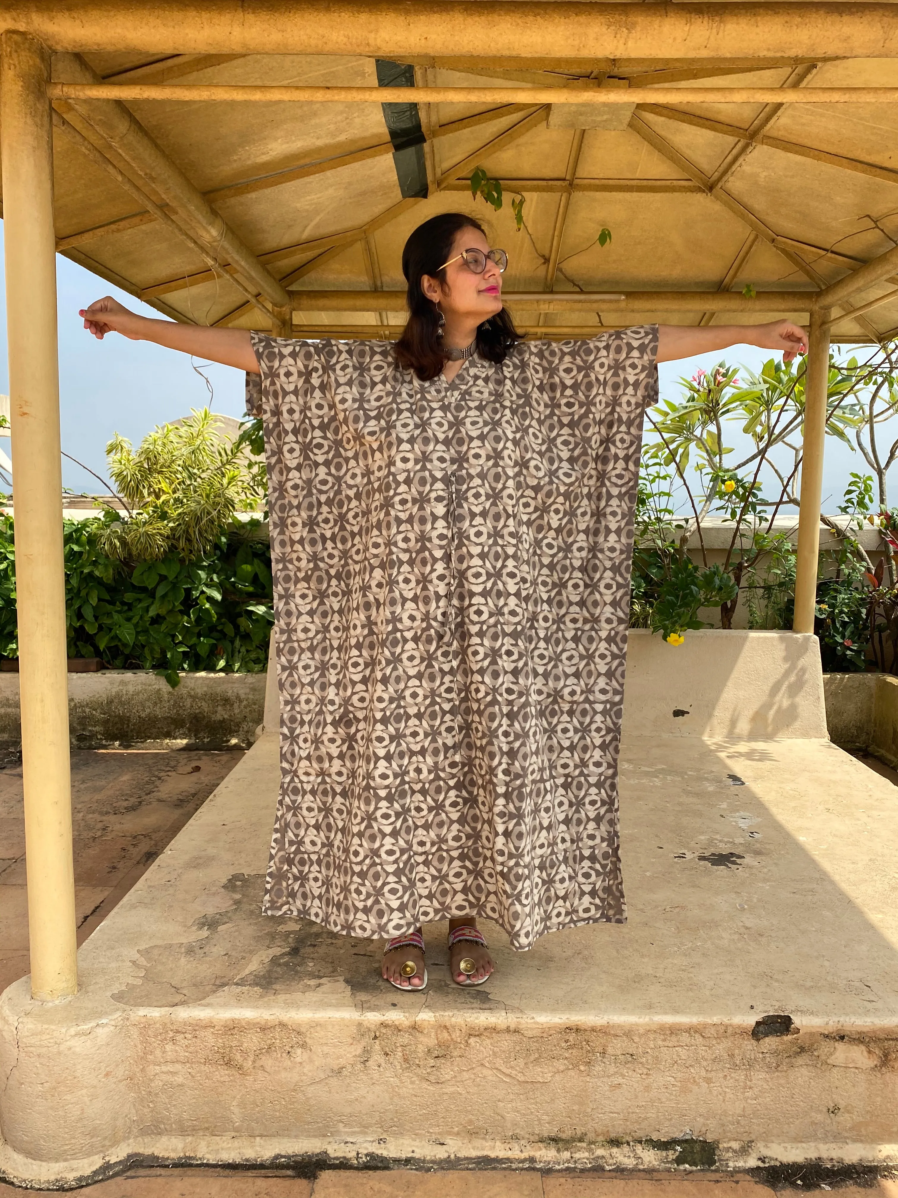 Gray Geometrical Motif Hand-Blocked Caftan with V-Neck, Cinched Waist and Available in both Knee and Ankle Length