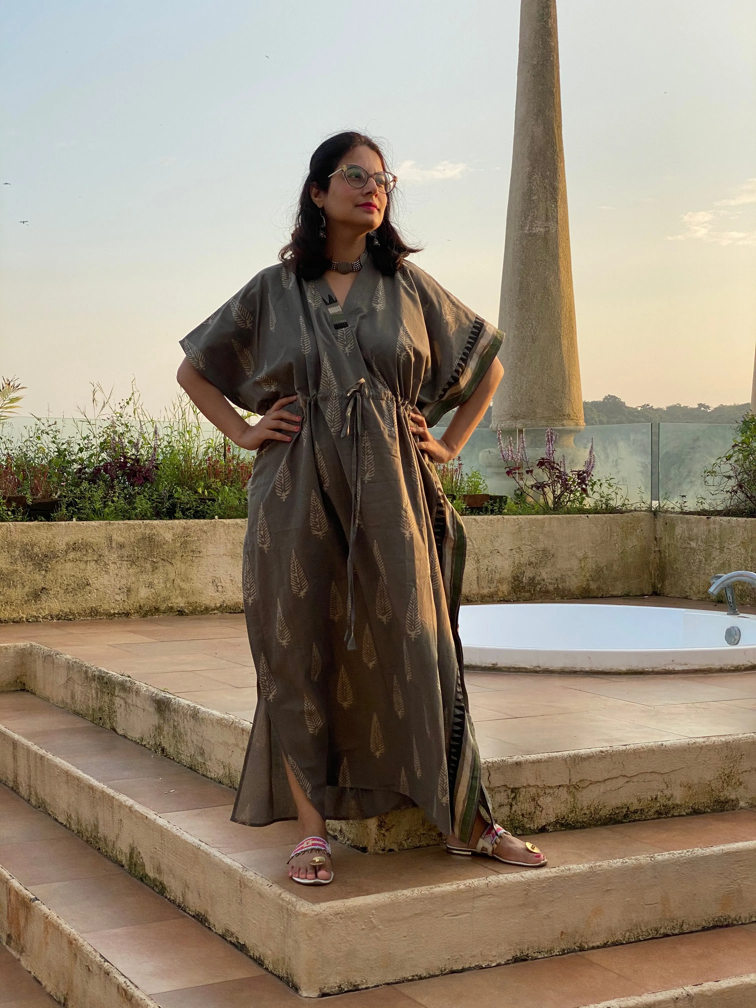 Gray Leafy Bordered Hand Block Printed Caftan with V-Neck, Cinched Waist and Available in both Knee and Ankle Length