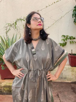 Gray Leafy Bordered Hand Block Printed Caftan with V-Neck, Cinched Waist and Available in both Knee and Ankle Length