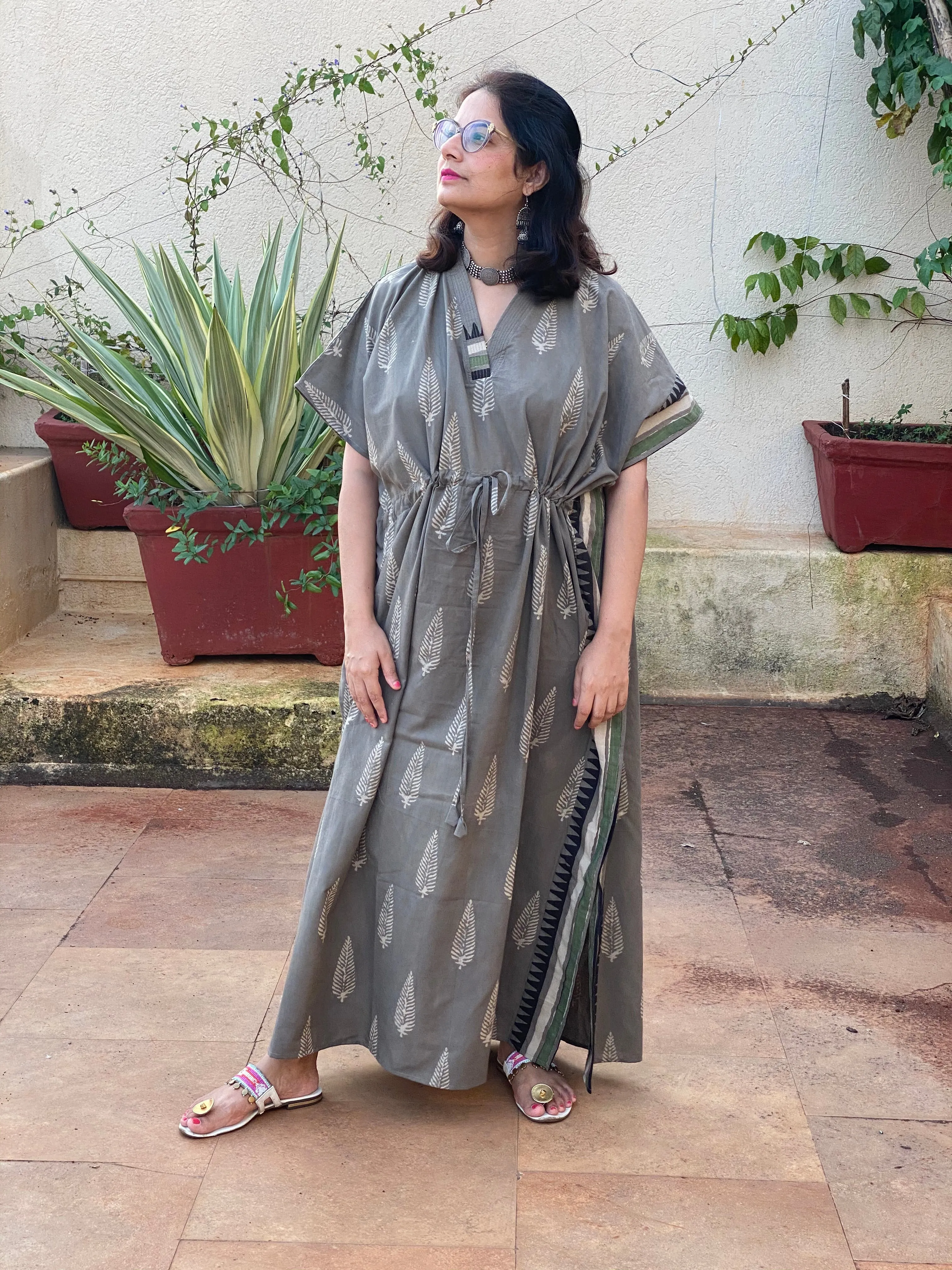 Gray Leafy Bordered Hand Block Printed Caftan with V-Neck, Cinched Waist and Available in both Knee and Ankle Length