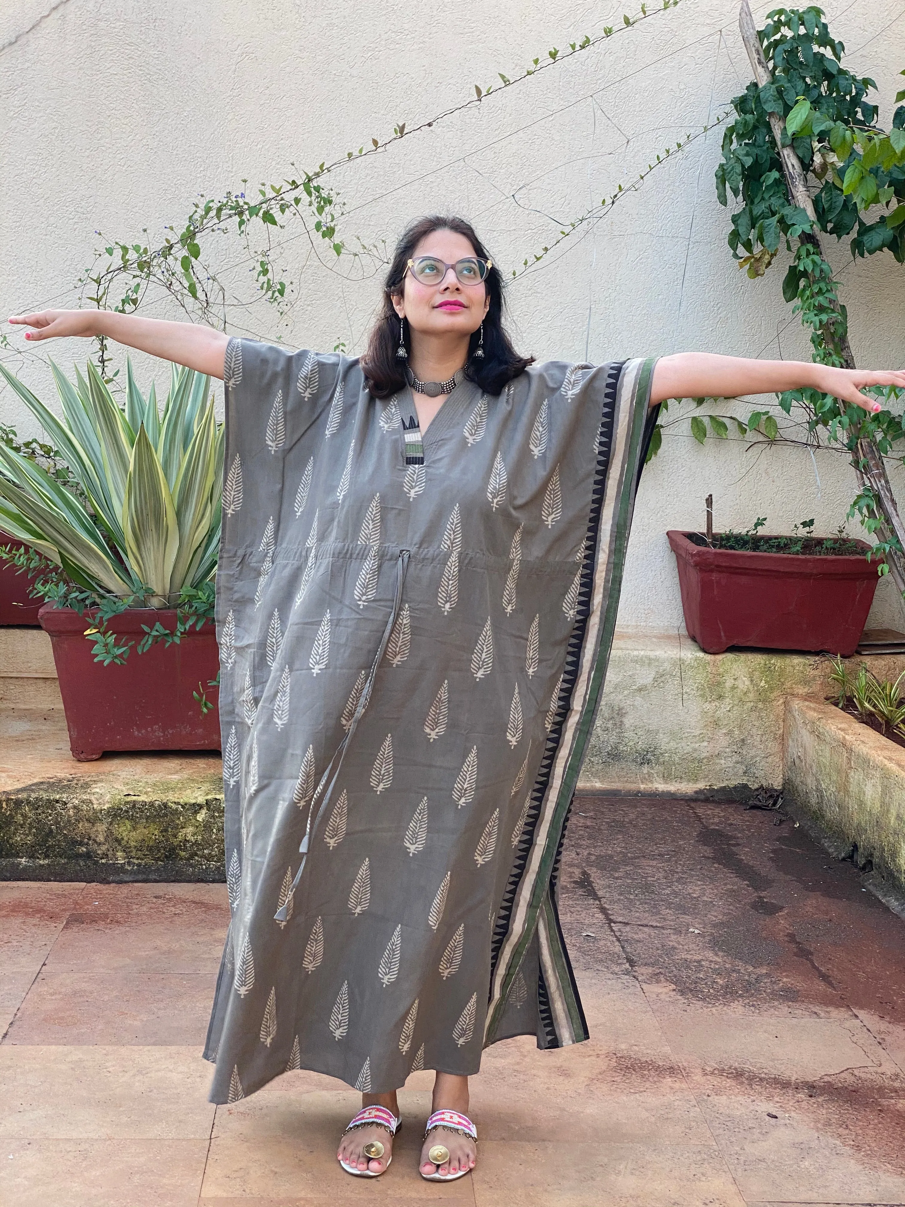 Gray Leafy Bordered Hand Block Printed Caftan with V-Neck, Cinched Waist and Available in both Knee and Ankle Length