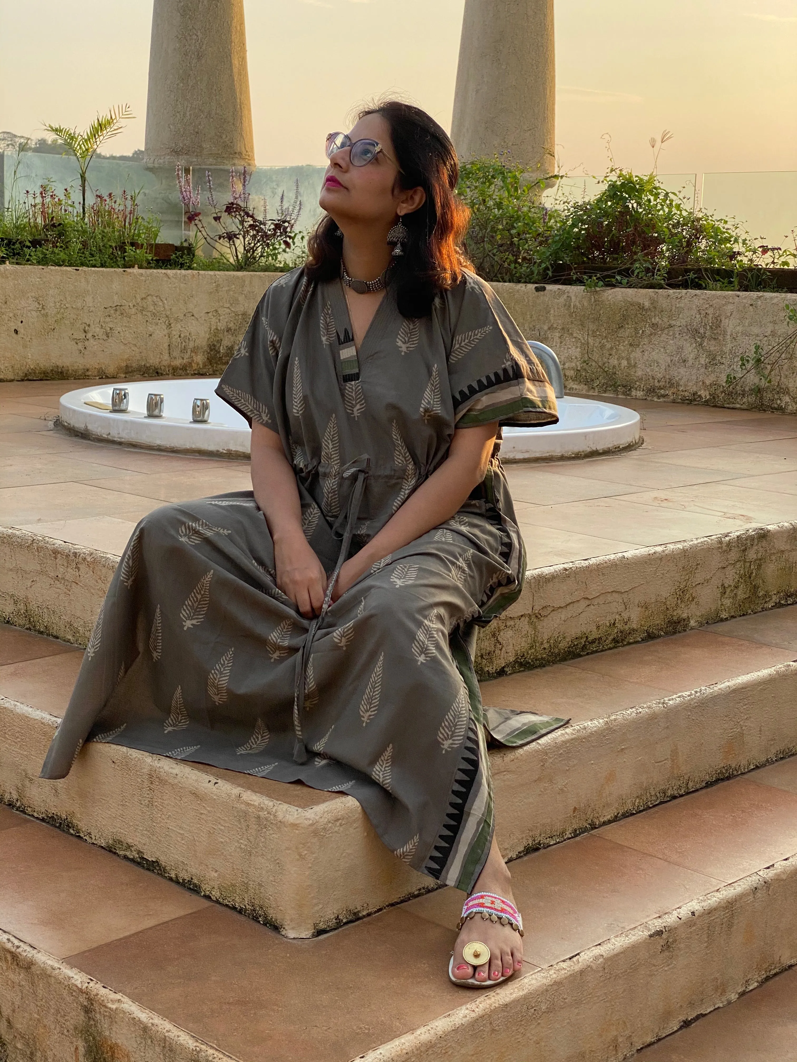 Gray Leafy Bordered Hand Block Printed Caftan with V-Neck, Cinched Waist and Available in both Knee and Ankle Length