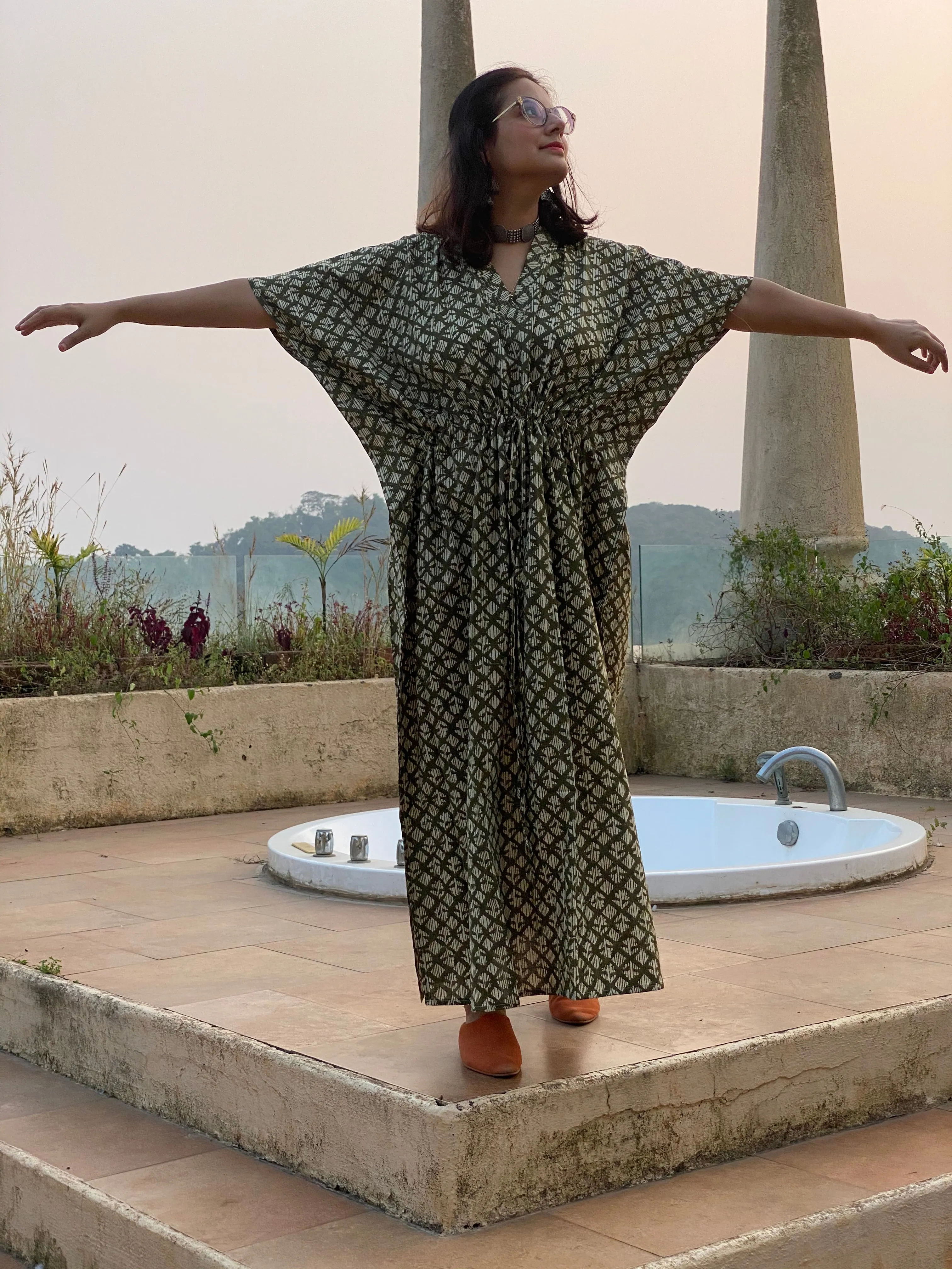 Green Diamond Motif Hand-Blocked Caftan with V-Neck, Cinched Waist and Available in both Knee and Ankle Length