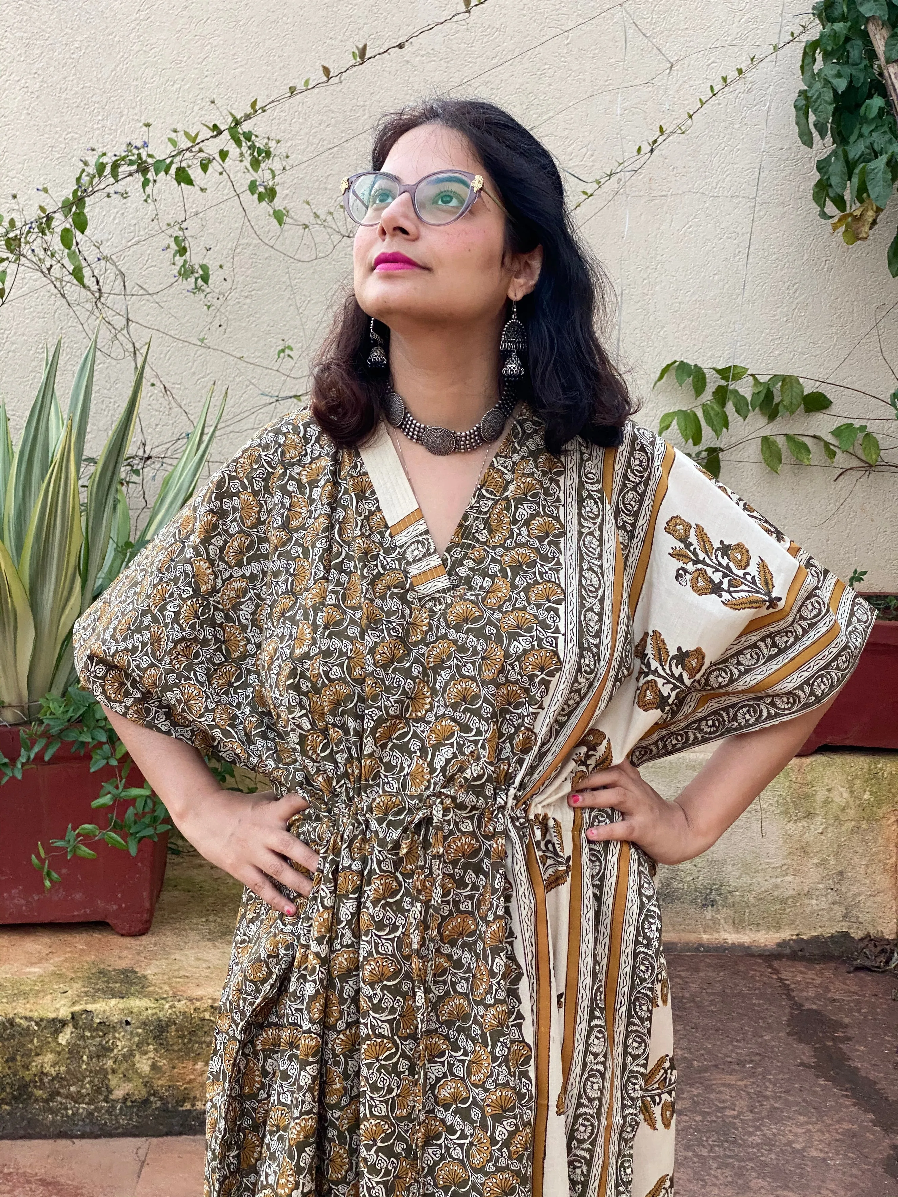 Green Ivory Floral Bordered Hand Block Printed Caftan with V-Neck, Cinched Waist and Available in both Knee and Ankle Length