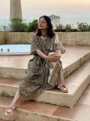 Green Ivory Floral Bordered Hand Block Printed Caftan with V-Neck, Cinched Waist and Available in both Knee and Ankle Length