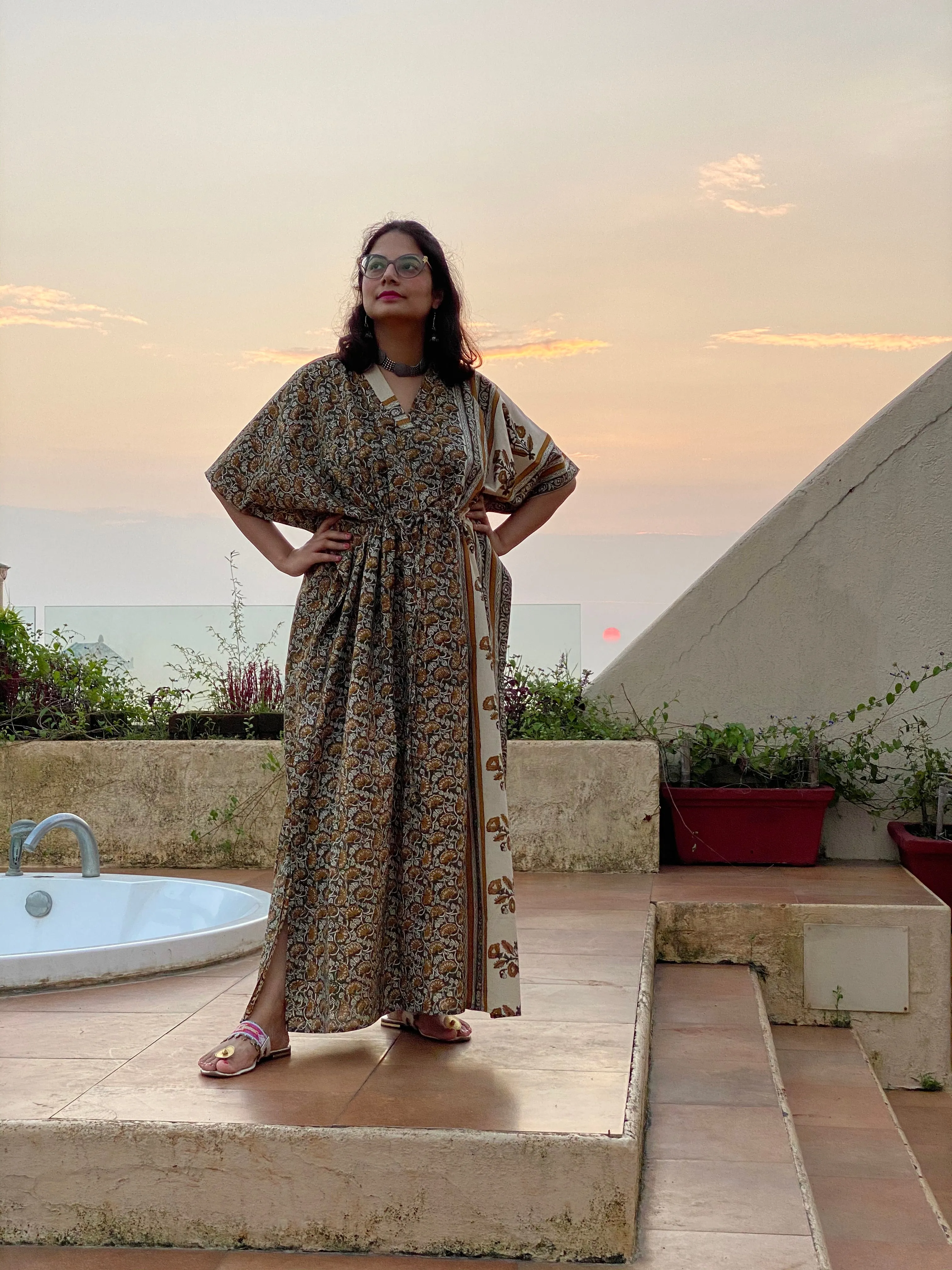 Green Ivory Floral Bordered Hand Block Printed Caftan with V-Neck, Cinched Waist and Available in both Knee and Ankle Length