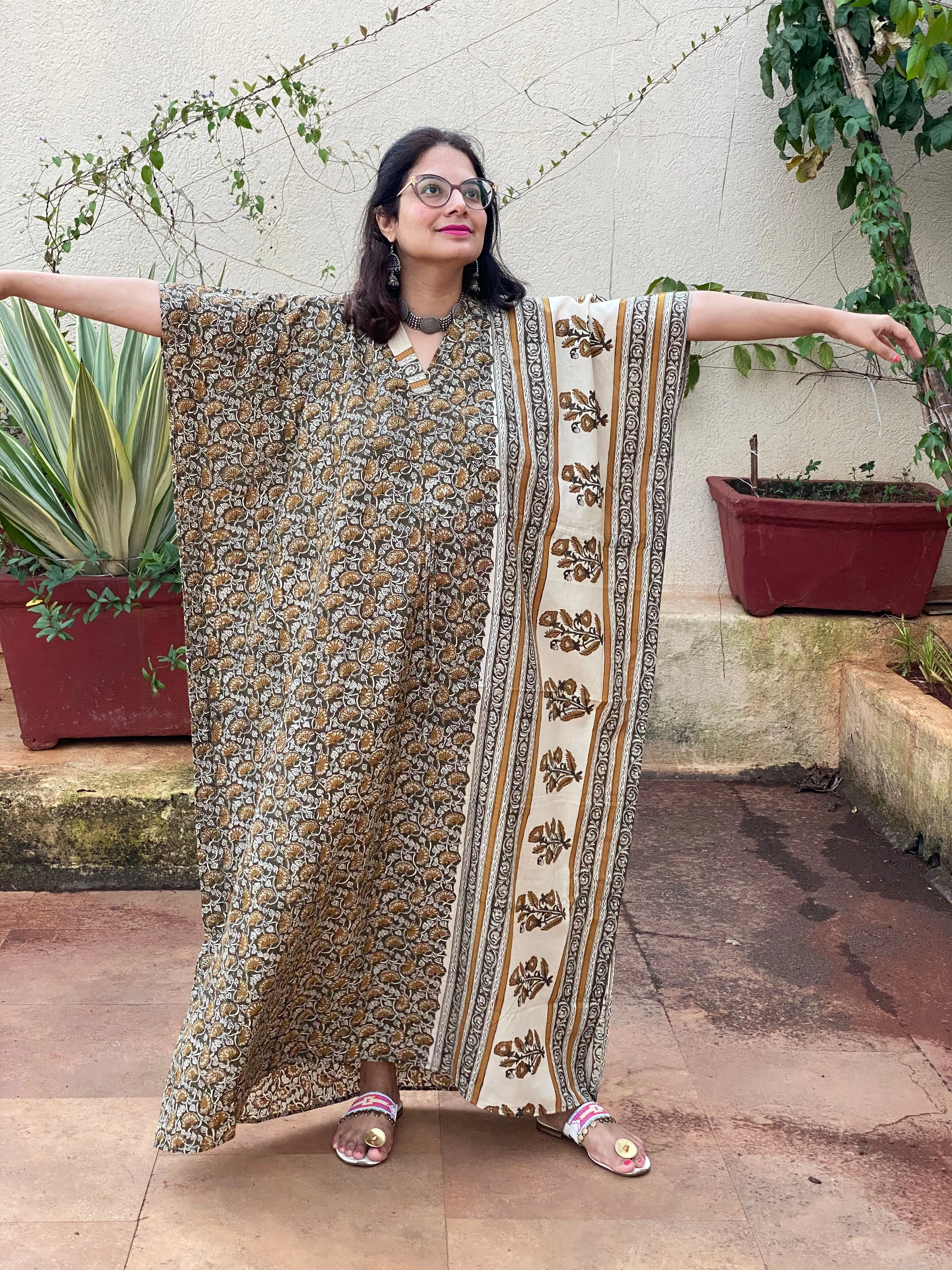 Green Ivory Floral Bordered Hand Block Printed Caftan with V-Neck, Cinched Waist and Available in both Knee and Ankle Length