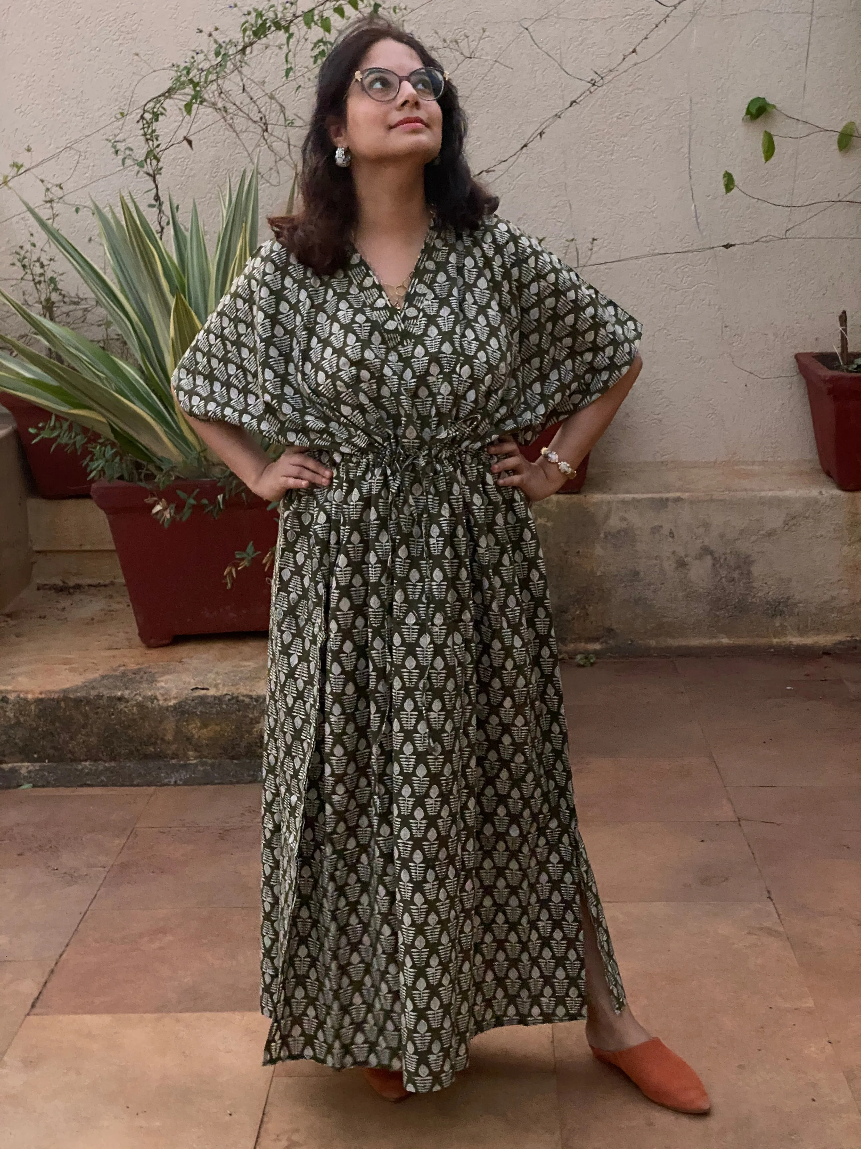 Green leafy Motif Hand-Blocked Caftan with V-Neck, Cinched Waist and Available in both Knee and Ankle Length