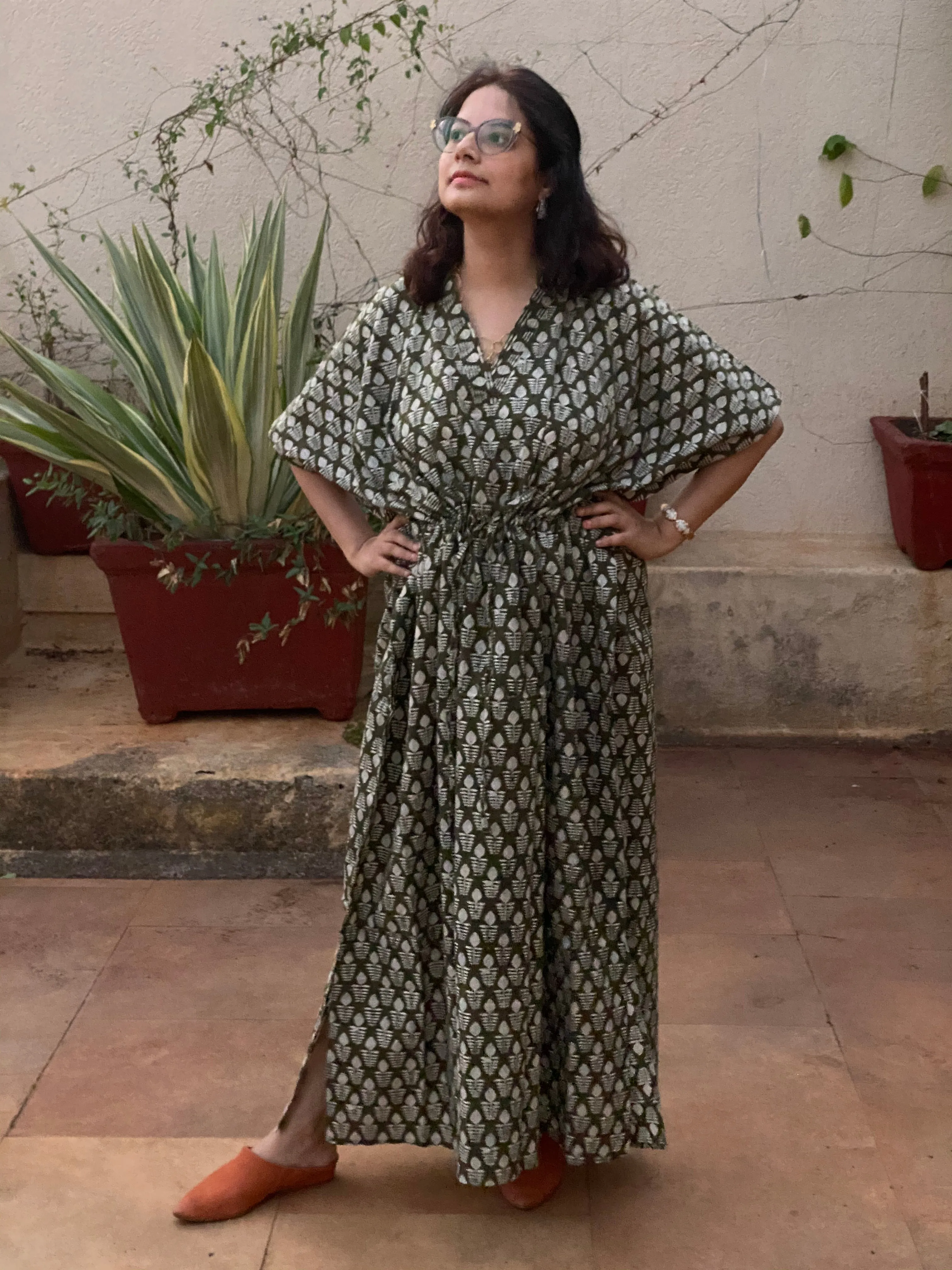 Green leafy Motif Hand-Blocked Caftan with V-Neck, Cinched Waist and Available in both Knee and Ankle Length