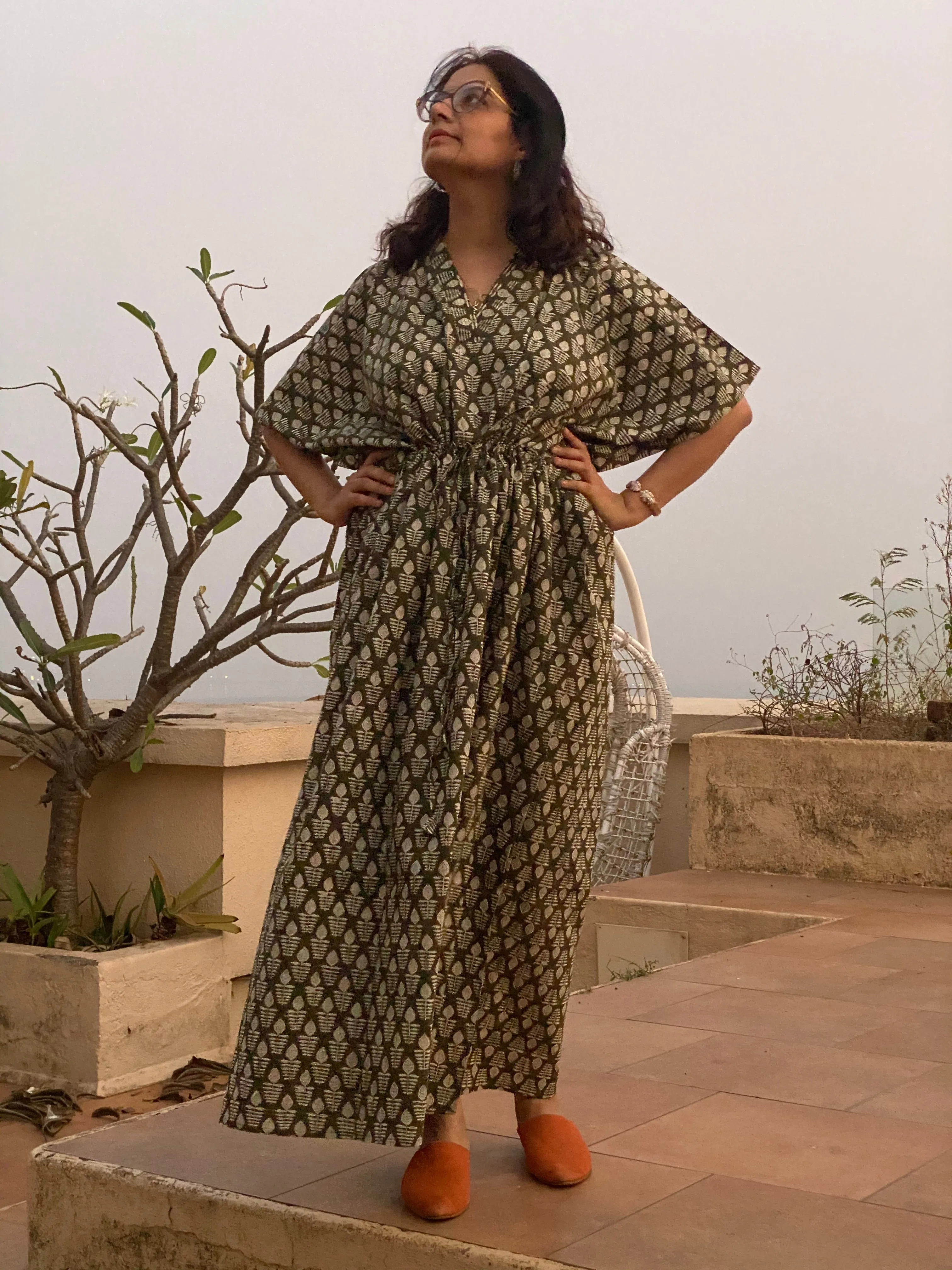 Green leafy Motif Hand-Blocked Caftan with V-Neck, Cinched Waist and Available in both Knee and Ankle Length