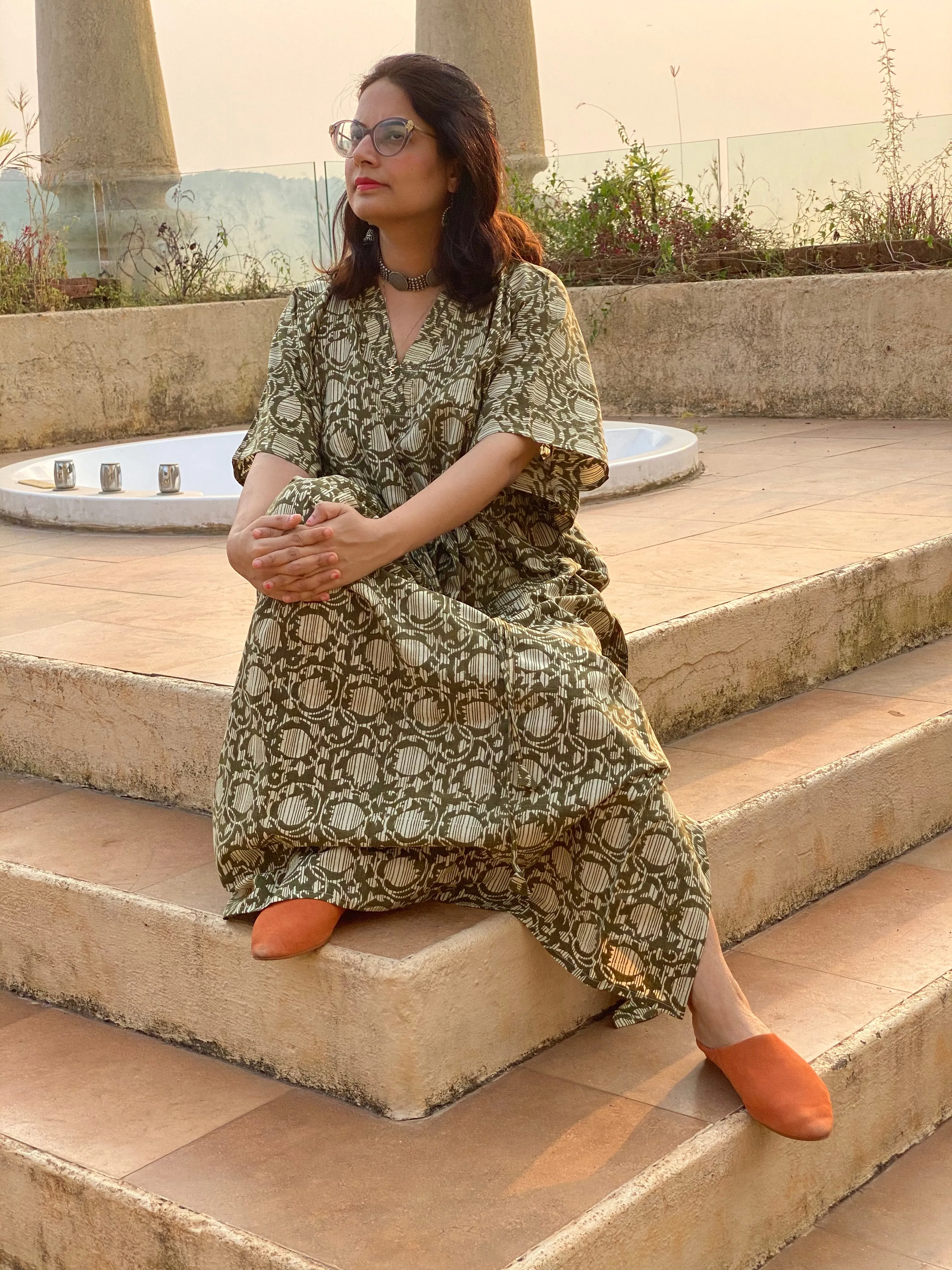 Green Lotus Flower Motif Hand-Blocked Kaftan with V-Neck, Cinched Waist and Available in both Knee and Ankle Length