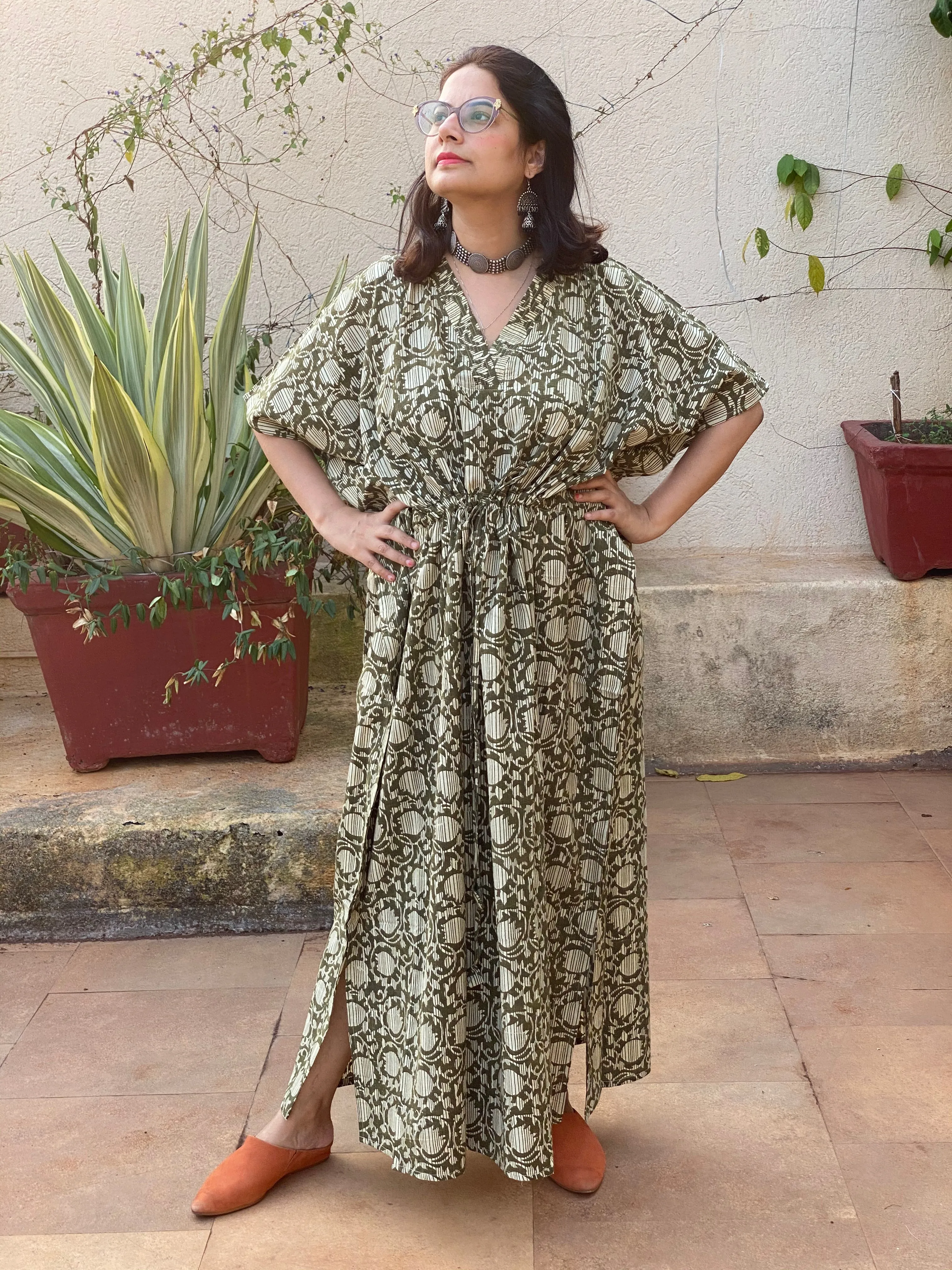 Green Lotus Flower Motif Hand-Blocked Kaftan with V-Neck, Cinched Waist and Available in both Knee and Ankle Length