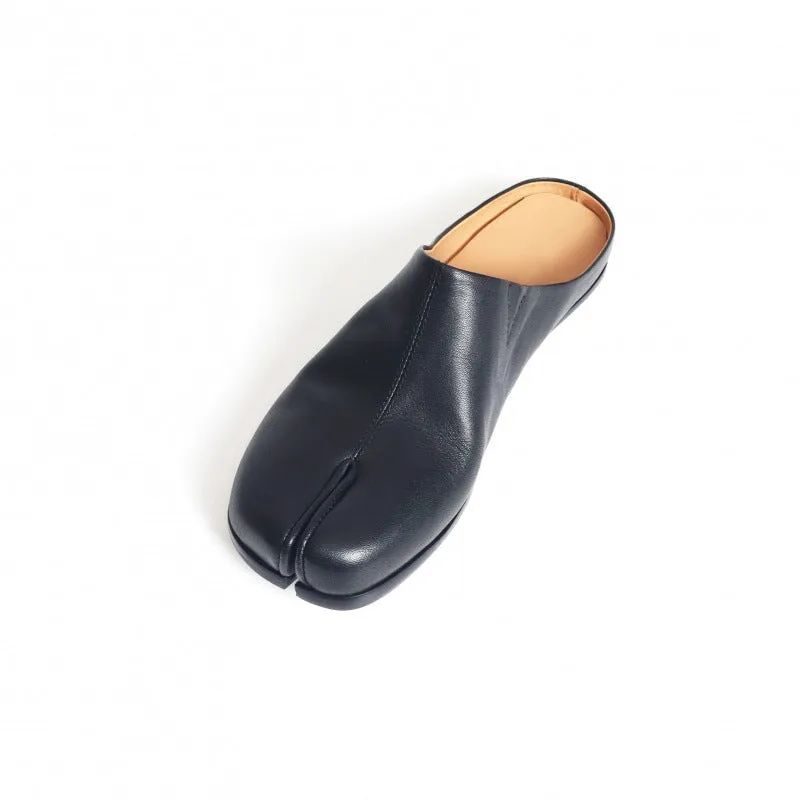 Handmade Leather Split Toe Loafer Mules for Women Backless in Black/Silver