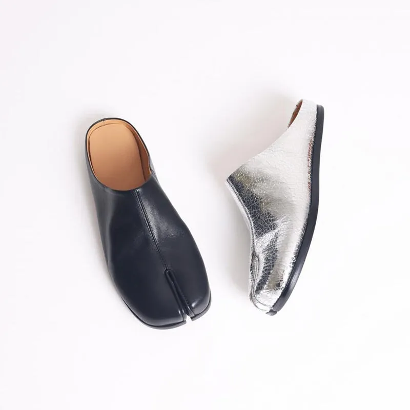 Handmade Leather Split Toe Loafer Mules for Women Backless in Black/Silver