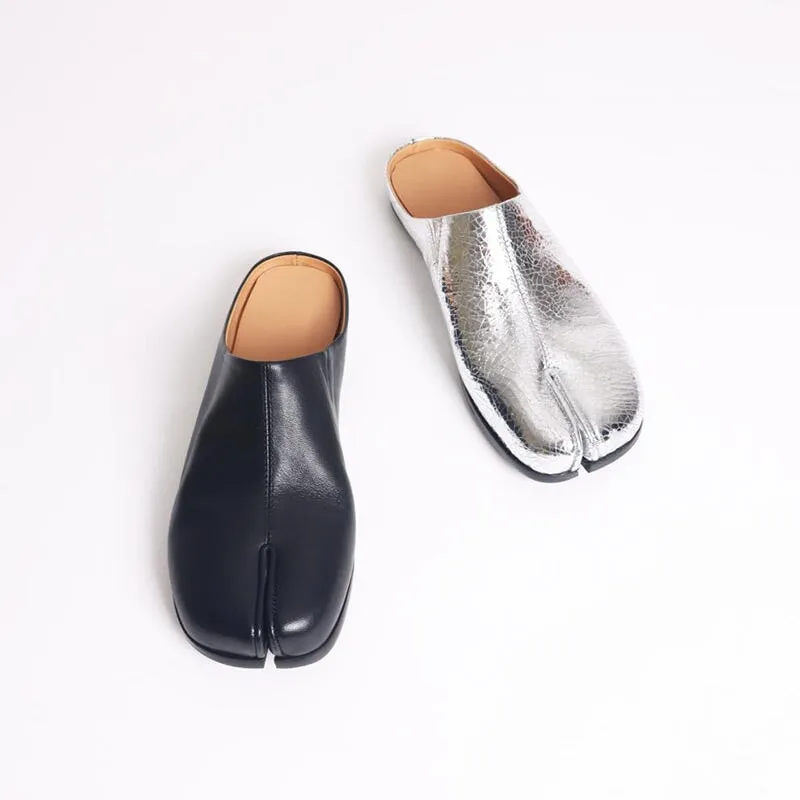 Handmade Leather Split Toe Loafer Mules for Women Backless in Black/Silver