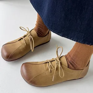 Handmade Retro Leather Flats Oxfords Shoes Women Original Design in Apricot/Brown