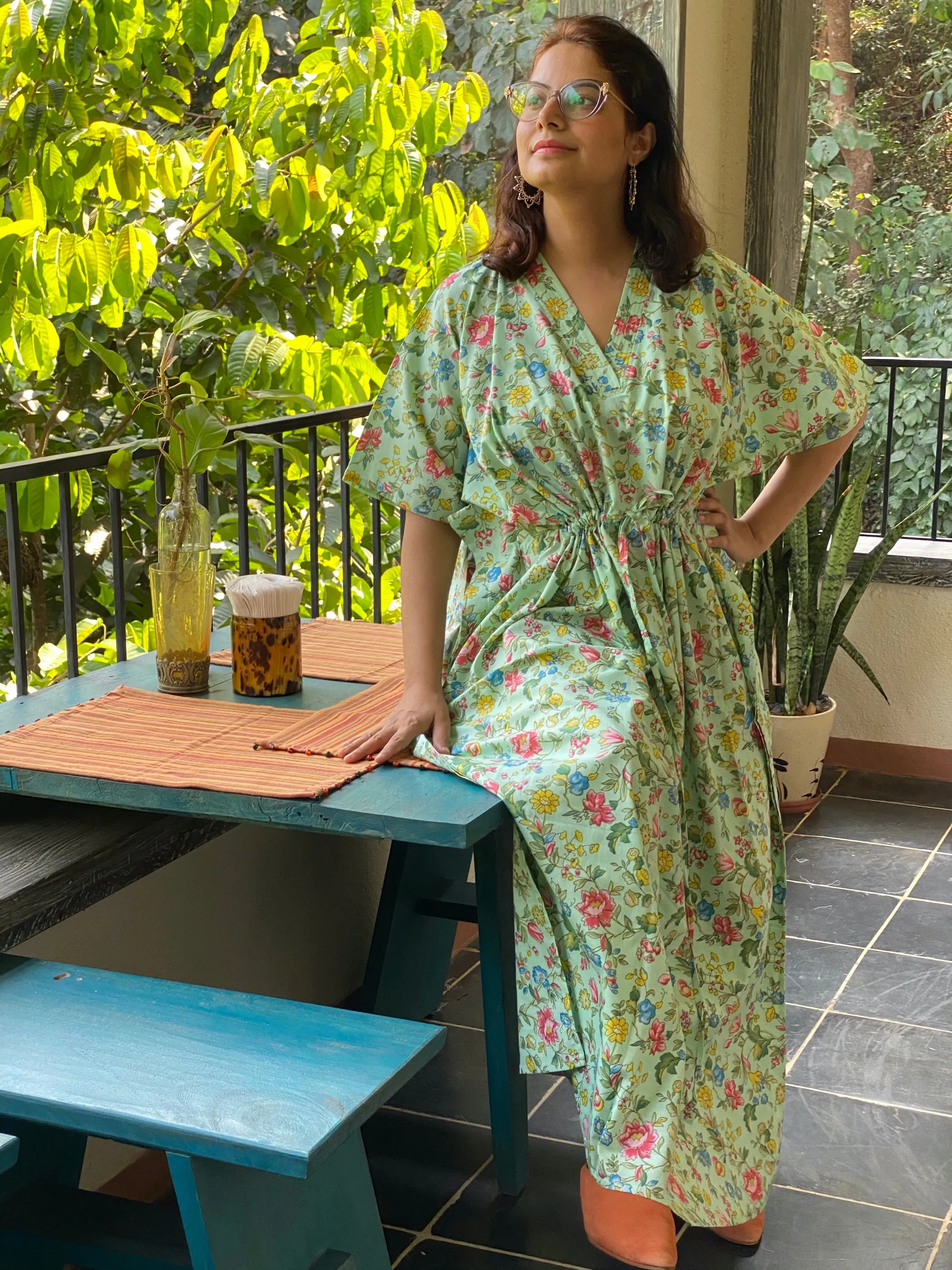 Happy Flowers V-Neck, Cinched Waist Ankle Length Caftan