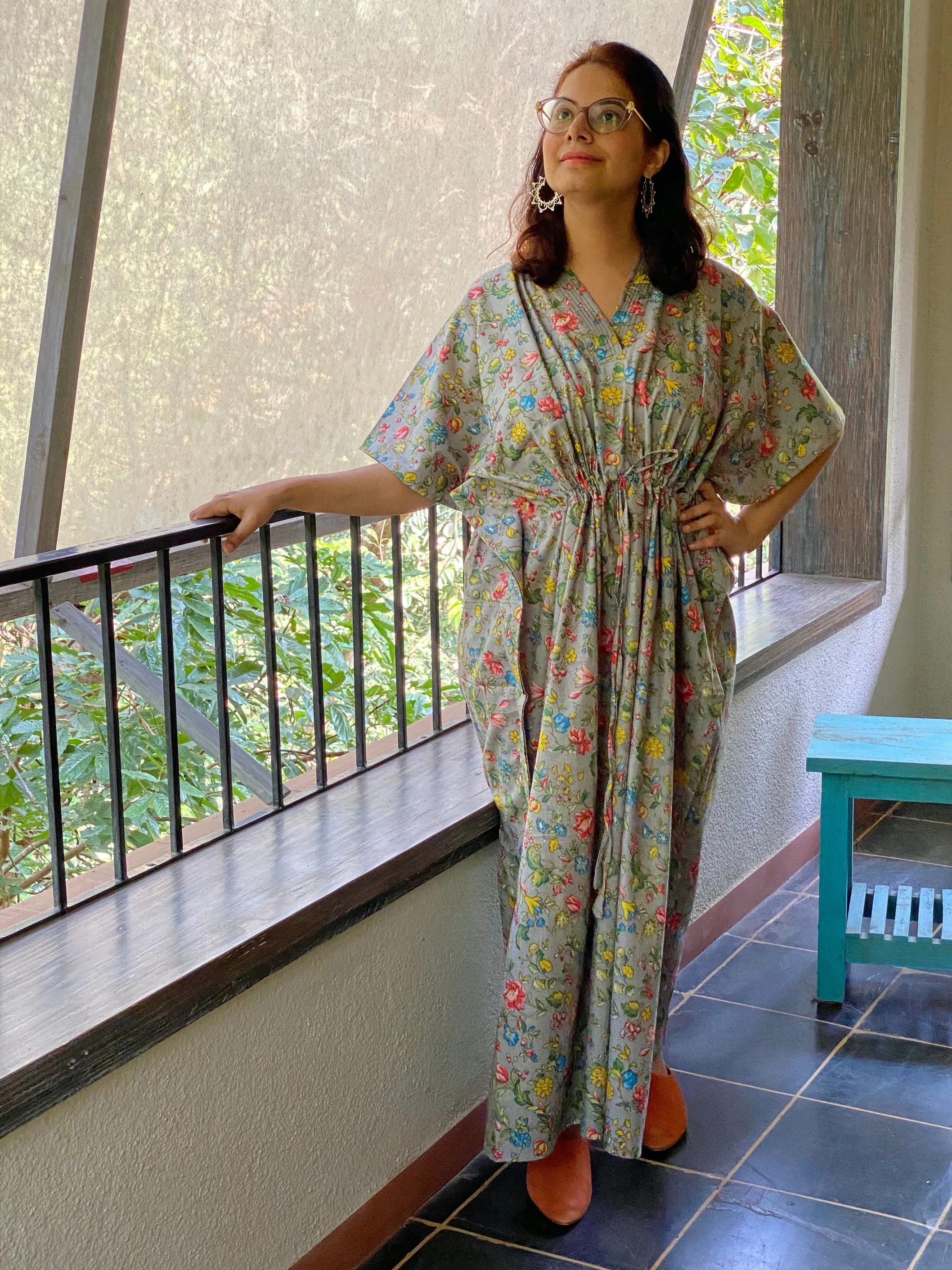 Happy Flowers V-Neck, Cinched Waist Ankle Length Caftan