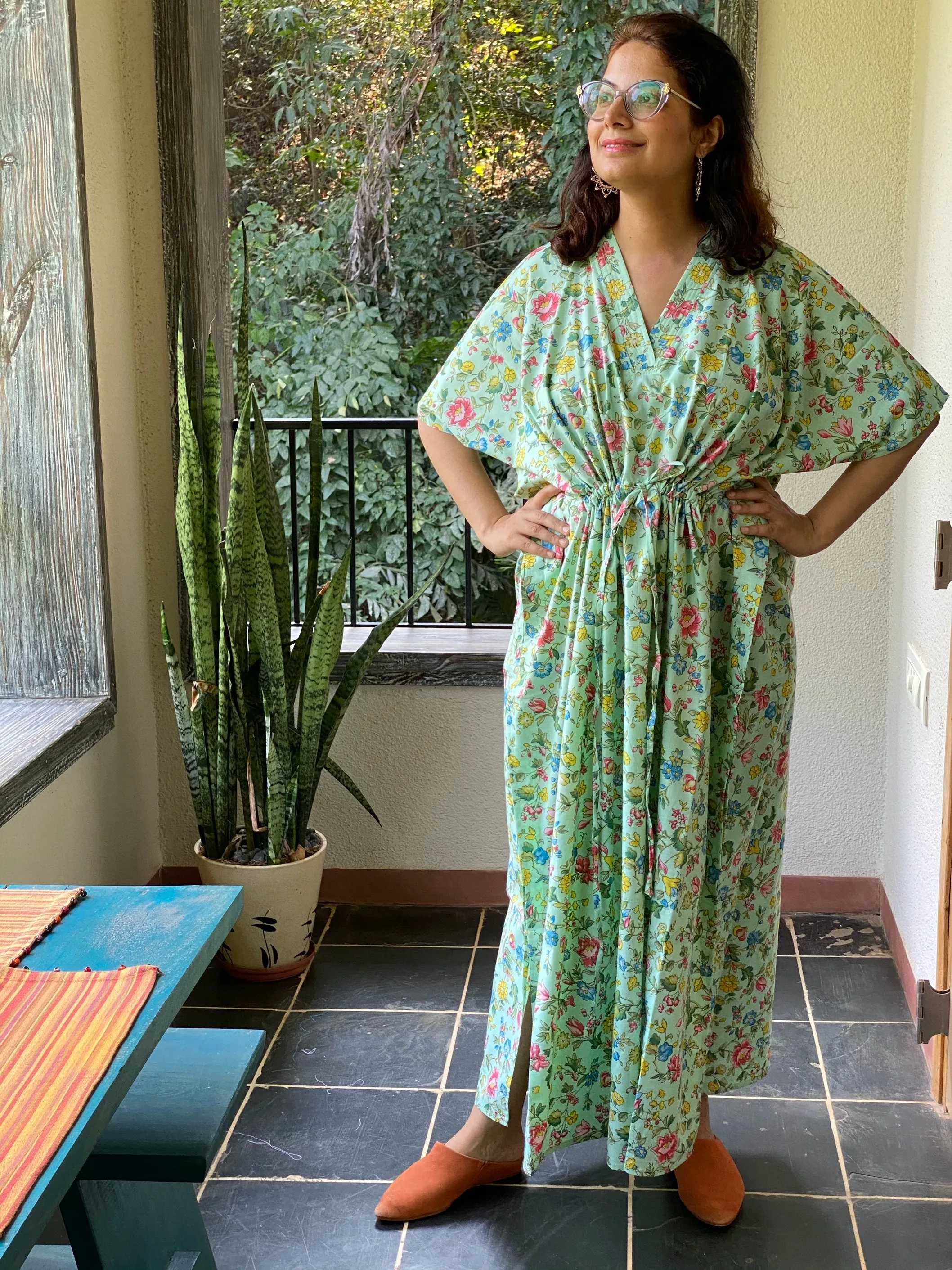 Happy Flowers V-Neck, Cinched Waist Ankle Length Caftan