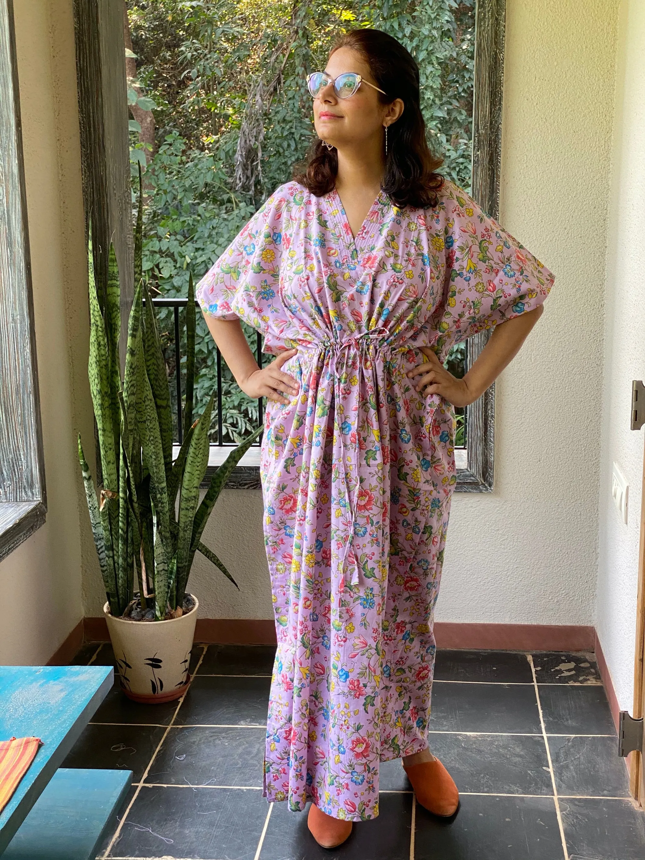 Happy Flowers V-Neck, Cinched Waist Ankle Length Caftan