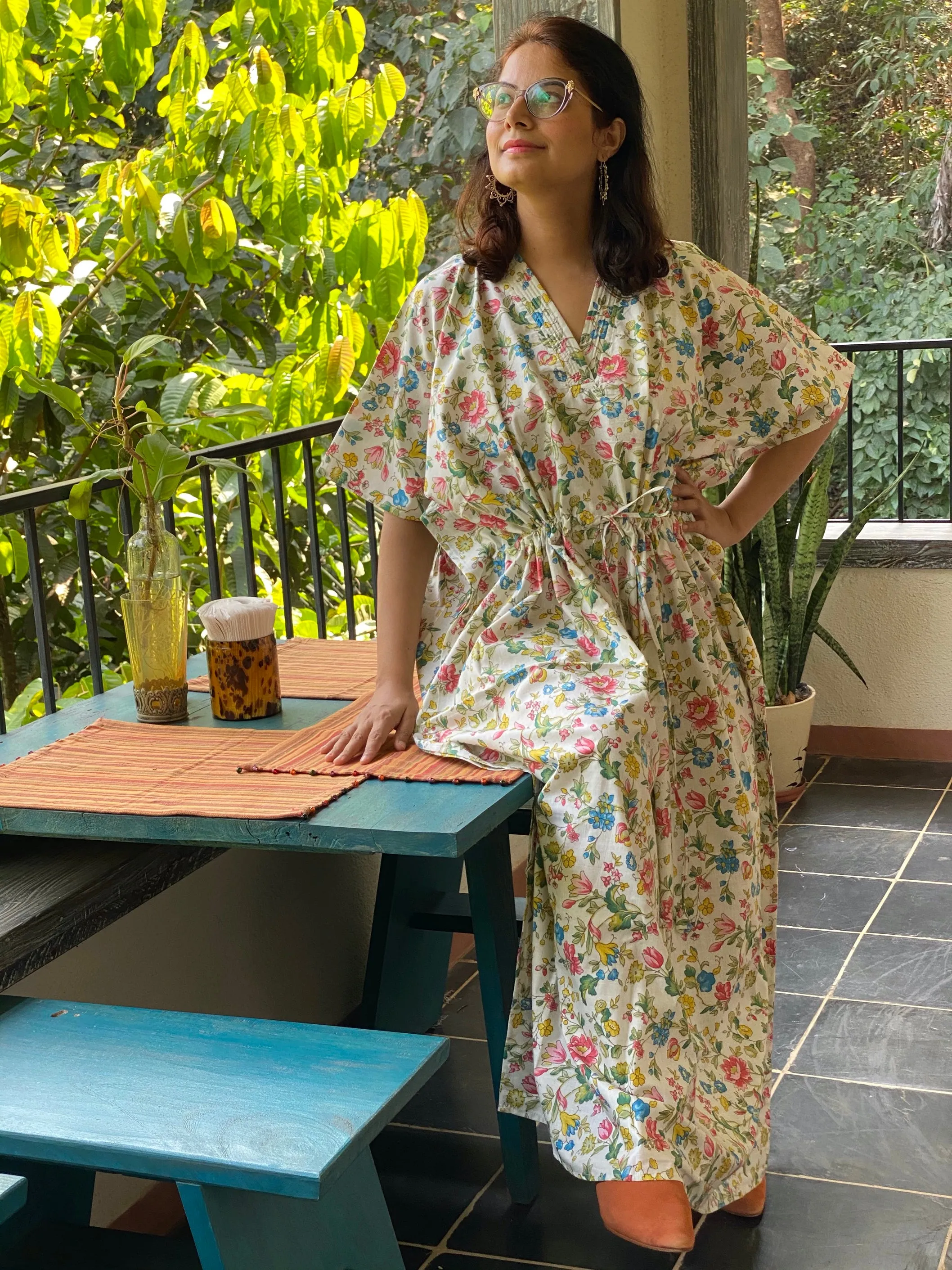 Happy Flowers V-Neck, Cinched Waist Ankle Length Caftan