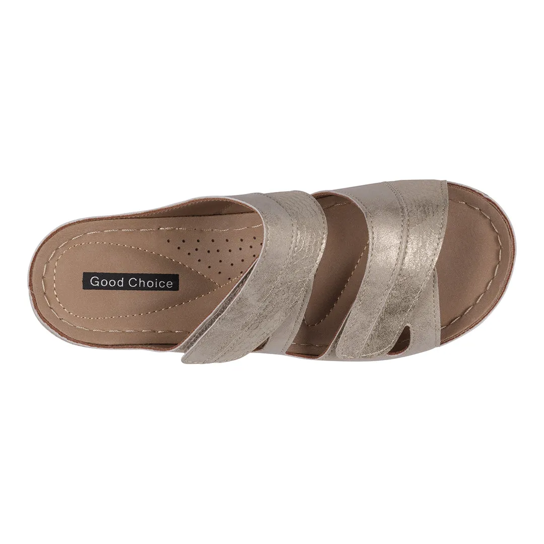 Havana Velcro Two-Tone Double Band Gold Wedge Sandals