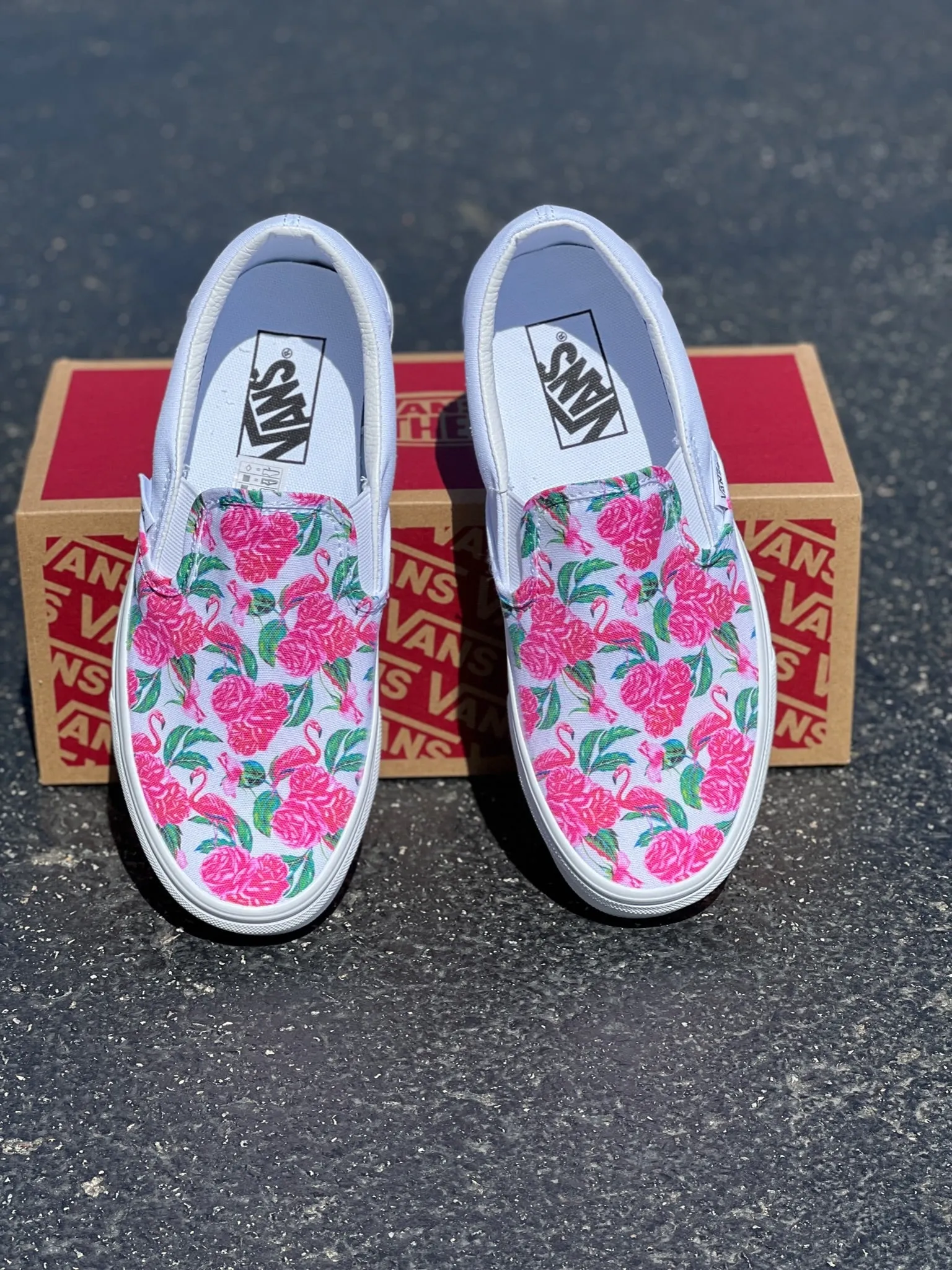 Hot Pink Flamingos and Roses - Custom Vans White Slip On Shoes