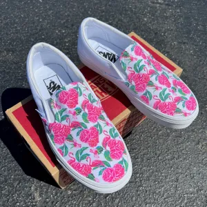 Hot Pink Flamingos and Roses - Custom Vans White Slip On Shoes