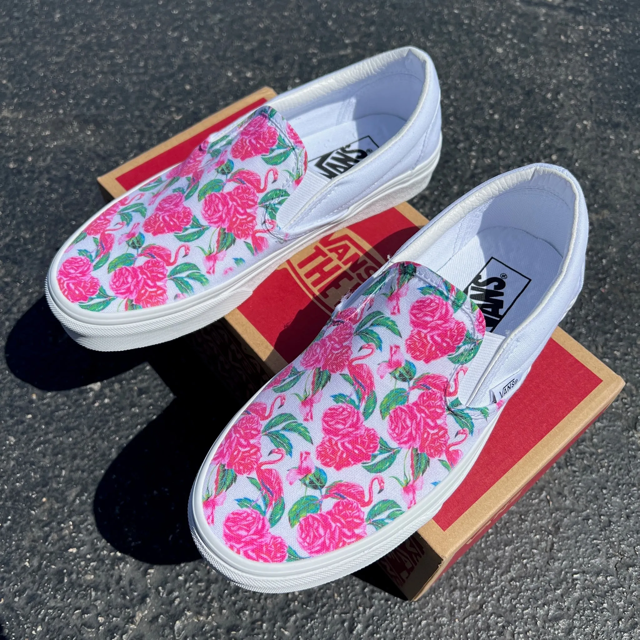 Hot Pink Flamingos and Roses - Custom Vans White Slip On Shoes