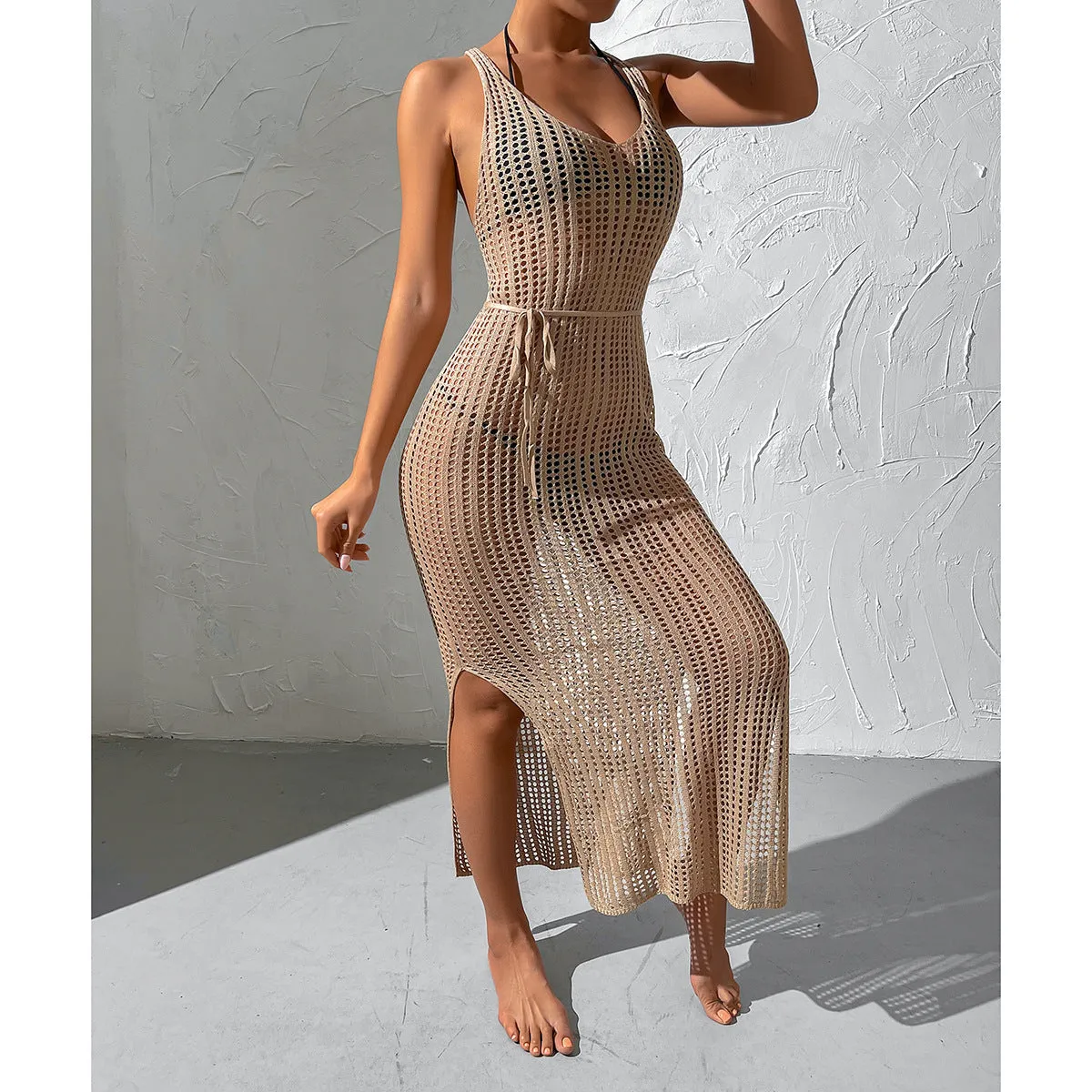 IKEARLAX Cross-Border Foreign Trade European and American Style Vacation Beach Hot Girl Smock Dress Hollow out See-through Backless Knitted Dress Female 3312