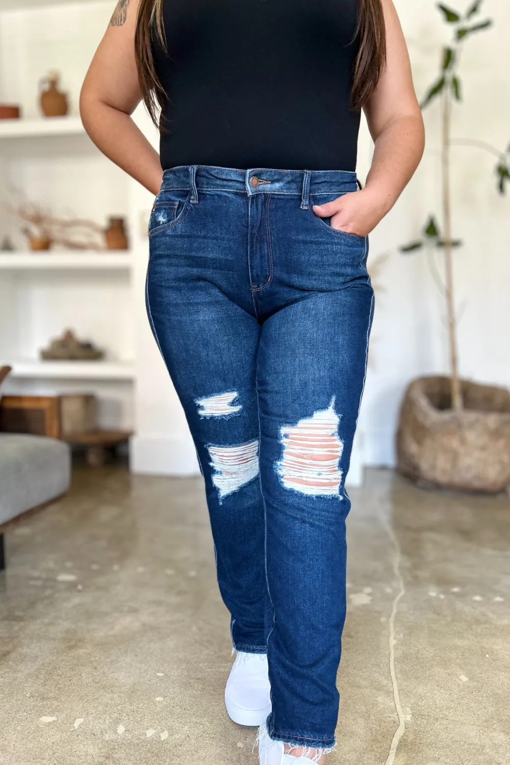 Judy Blue High Waist Rigid Magic Heavy Destroy Straight Jeans