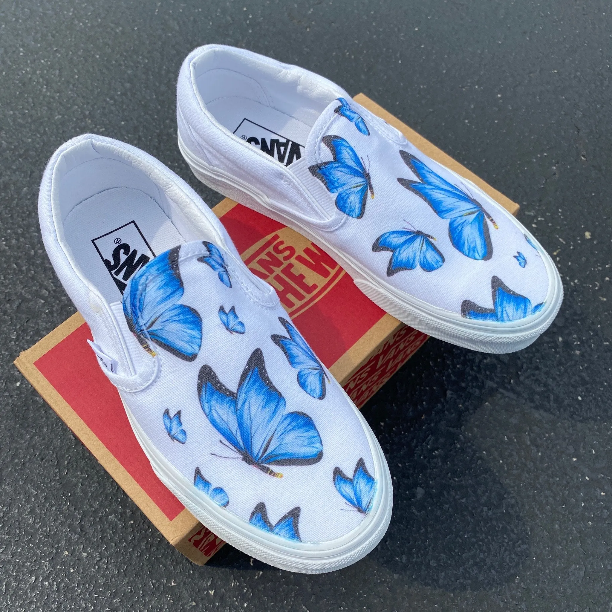 Kids Shoes - Blue Butterfly - White Slip Ons