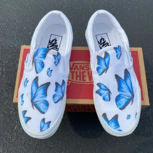 Kids Shoes - Blue Butterfly - White Slip Ons