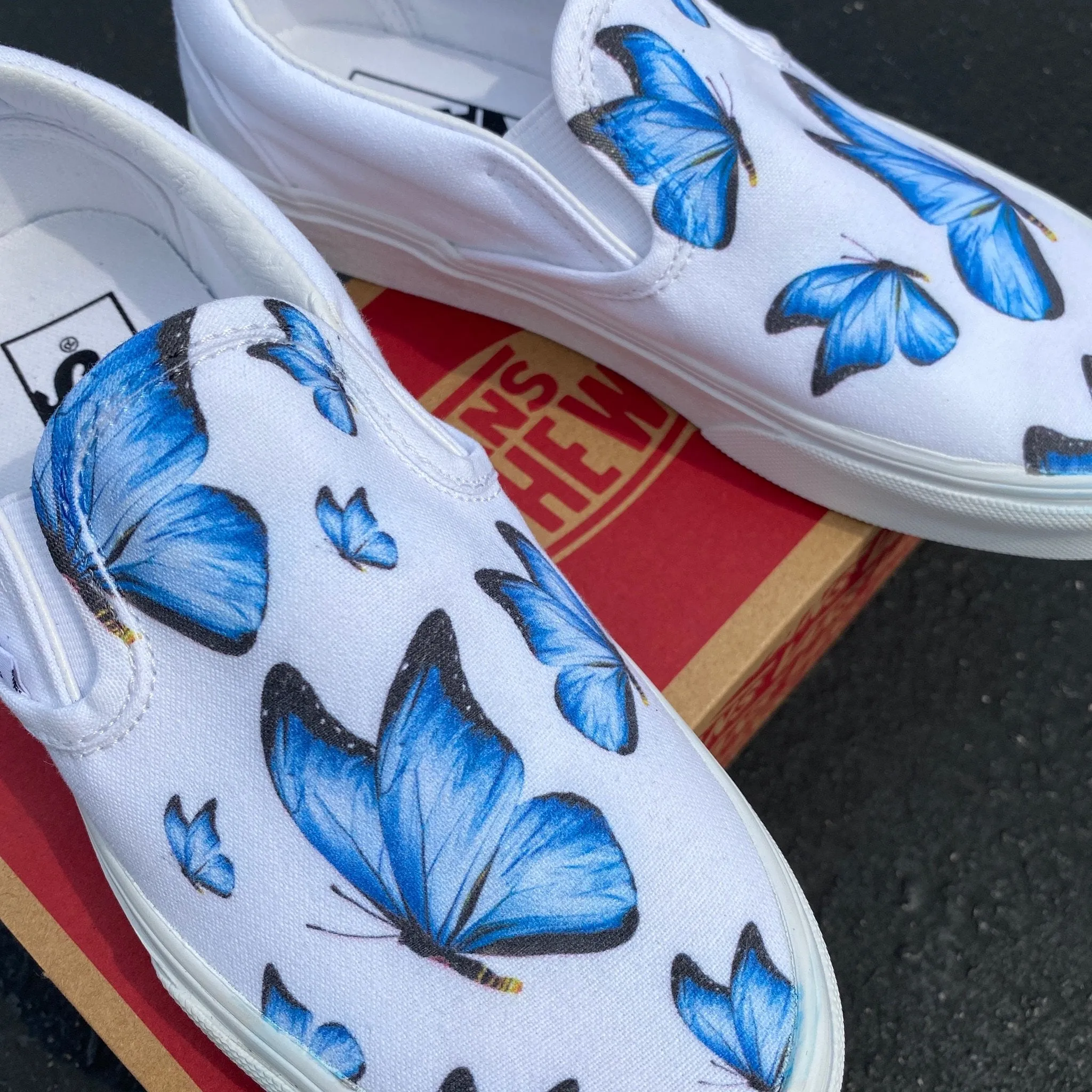 Kids Shoes - Blue Butterfly - White Slip Ons