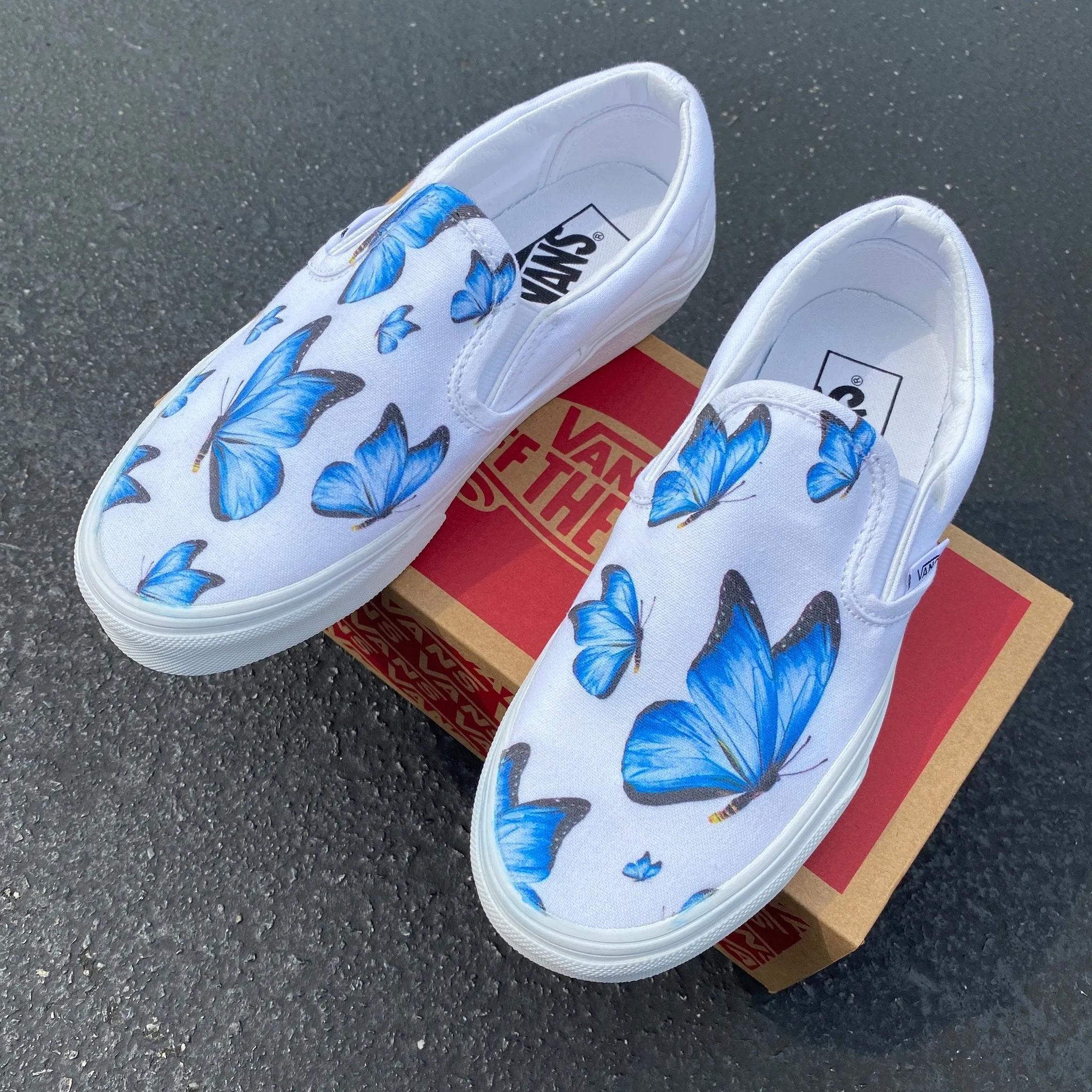 Kids Shoes - Blue Butterfly - White Slip Ons