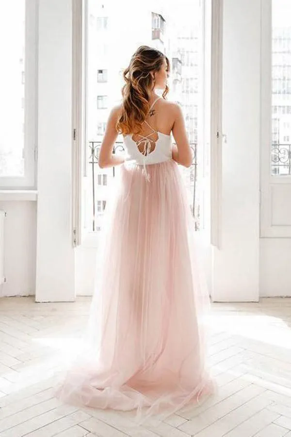 Light Pink Wedding Dresses Spaghetti Strap Tulle Beach Wedding Dress WD338