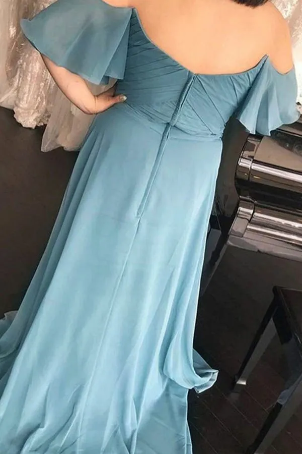 Long Off-the-Should Ruched Blue Chiffon Bridesmaid Dress BD118