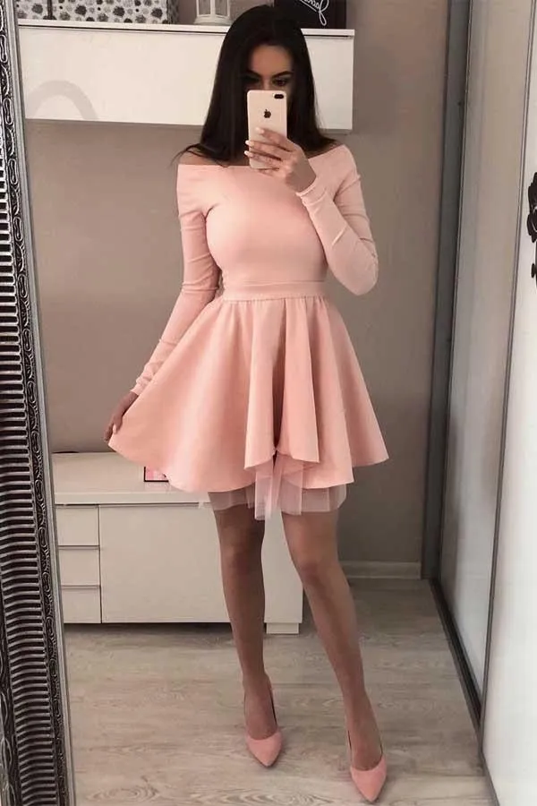 Long Sleeve Homecoming Dresses Off the Shoulder Short  Prom Dress  PD230