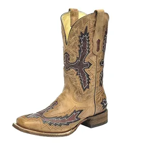 Men's Tan With Brown Inlay Square Toe Cowboy Boots A3099