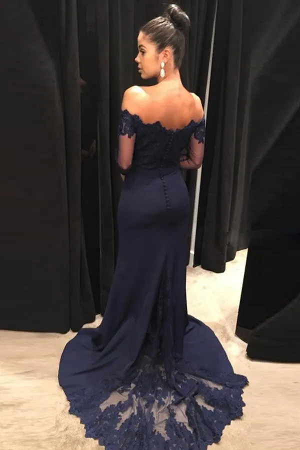 Mermaid Navy Blue Off The Shoulder Long Prom Dresses with Long Sleeves PG723