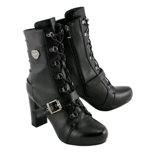 Milwaukee Leather MBL9431 Women's Black Lace-Up Fashion Boots with Block Heel and Buckle Strap