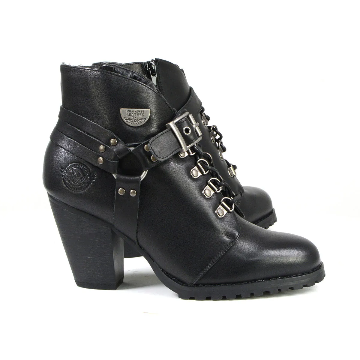 Milwaukee Leather MBL9458 Women's Premium Black Leather Fashion Casual Boots with Classic Harness Ring