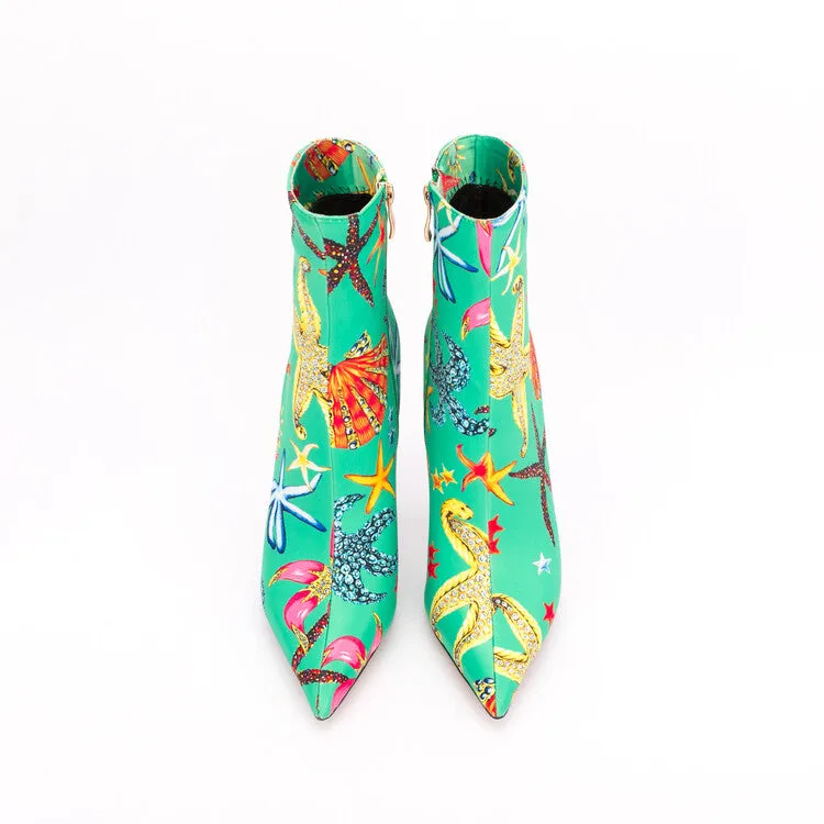 Ocean Dream Printed Pointed Toe Ankle Boots