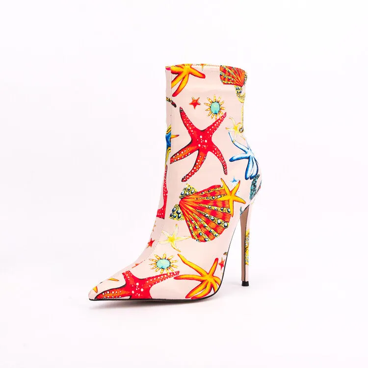 Ocean Dream Printed Pointed Toe Ankle Boots